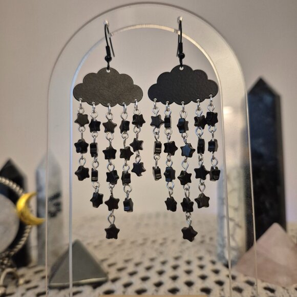 Black Obsidian Starry Night Gemstone Cloud Earrings - Picture 3 of 7